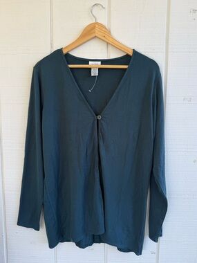 Eileen Fisher Teal Single-Button V-Neck Long Sleeve Rayon Cardigan Size Medium